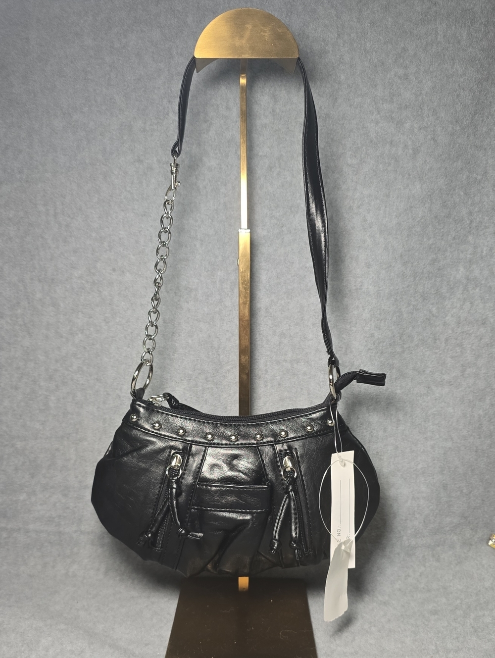 Black Studded Mini Shoulder Bag with Chain Accent